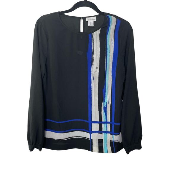 New Liz Claiborne Graphic Long Sleeve Blouse Top Back Art to Wear Office‎ Dark S - Picture 1 of 9